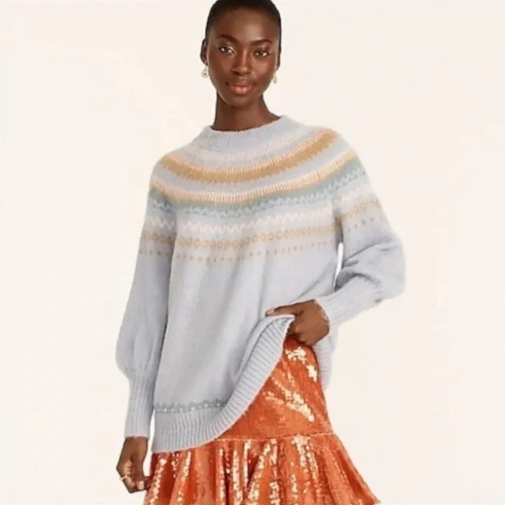 J Crew Fair Isle Yoke Puff Sleeve Sweater Women's M Cream Wool Alpaca Casual ✨